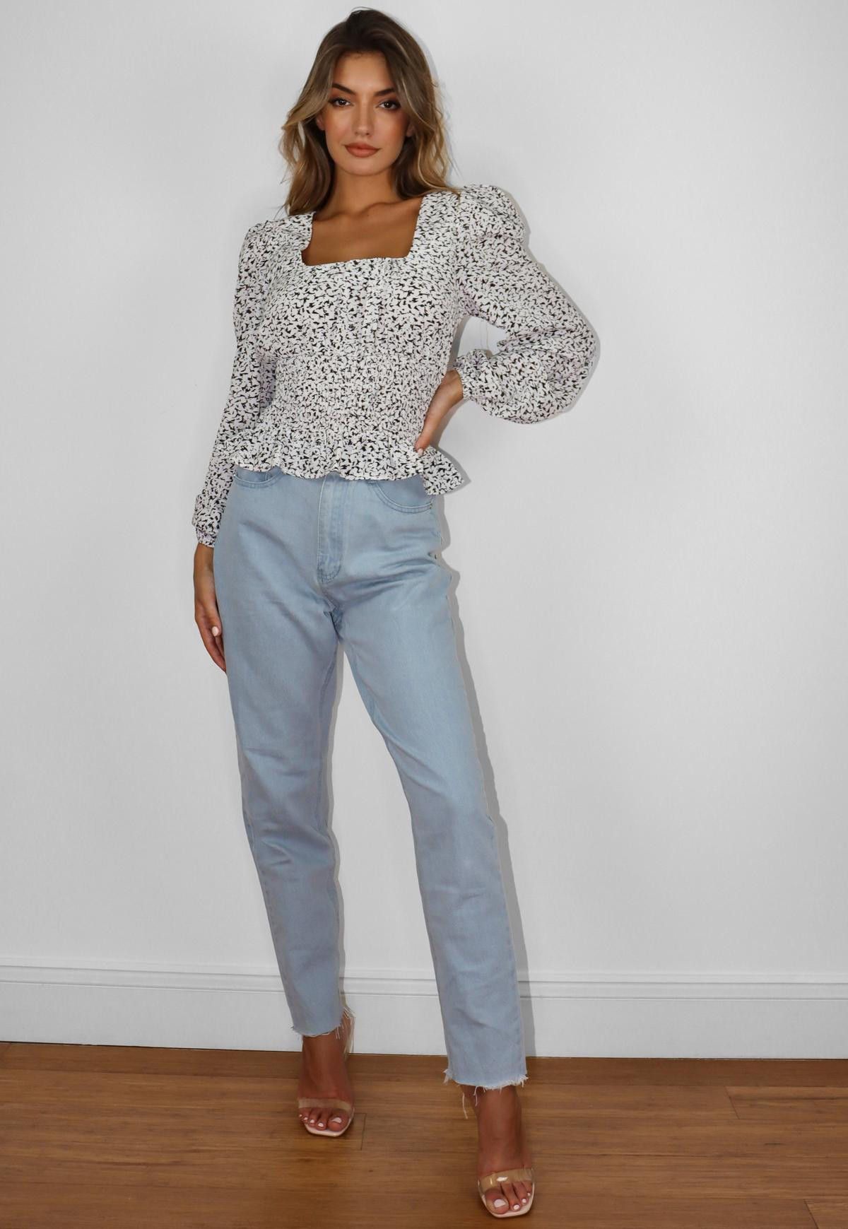 Tall White Printed Gathered Waist Puff Sleeve Blouse | Missguided (US & CA)