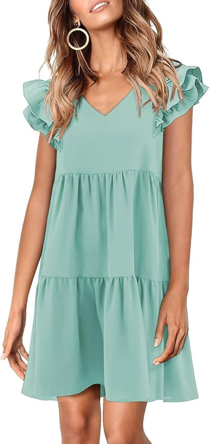 Zwurew Summer Babydoll Dresses for Women 2024 Cute Ruffle Cap Sleeve V-Neck Flowy Swing Mini Dres... | Amazon (US)