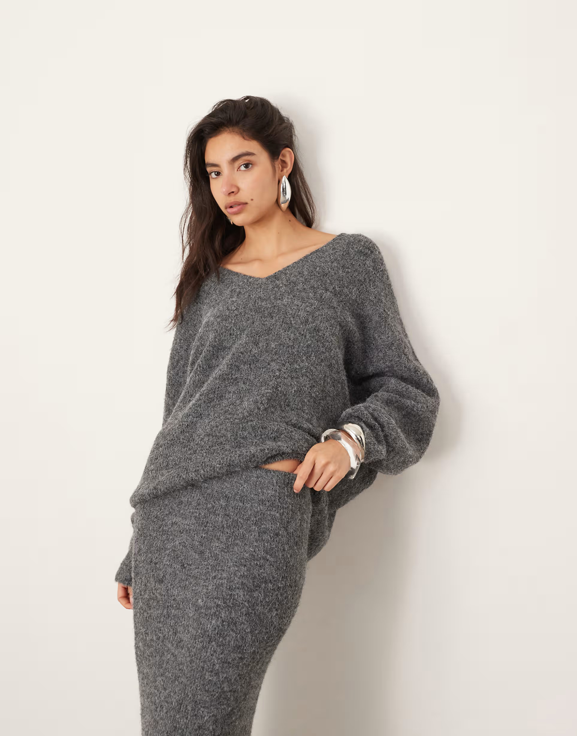 ASOS EDITION knitted v neck oversized jumper co-ord in charcoal | ASOS (Global)
