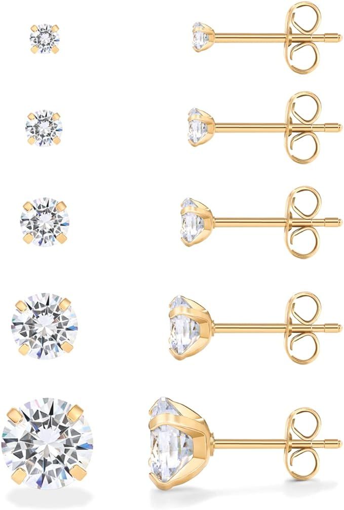 PAVOI 14K Gold Plated, 5 Pairs Small Gold Earrings Set | Mini Cubic Zirconia Stud Pack for Women ... | Amazon (US)