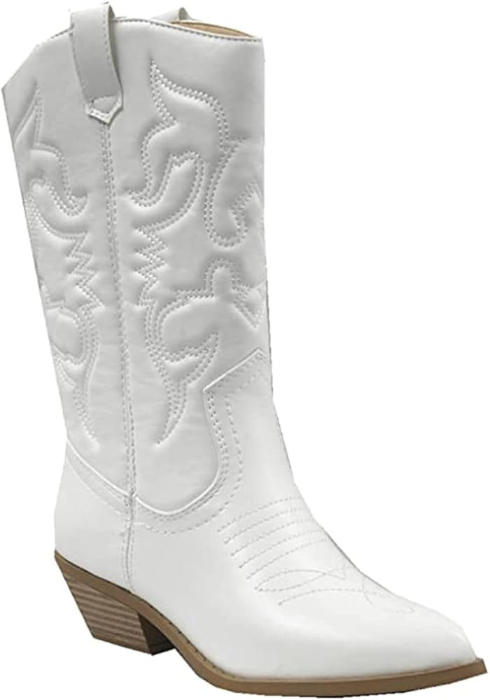 Soda Womens Red Reno Western Cowboy Pointed Toe Knee High Pull On Tabs Boots (9, Pu White) | Amazon (US)