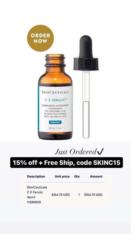 Skin ceuticals C E ferulic vitamin C on sale for 15% off + free ship 
Code SKINC15 

#LTKsalealert #LTKbeauty