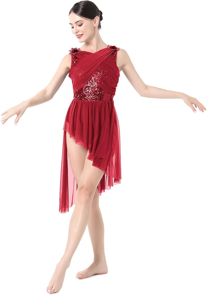 ODASDO Women Elegant Lyrical Dance Dress Lace Cap Sleeve Asymmetrical Tulle Skirt Leotard Contemp... | Amazon (US)