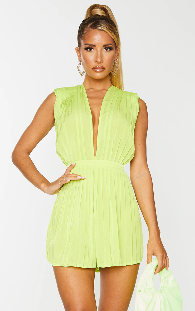 Lime Pleated Shoulder Pad Plunge Romper | PrettyLittleThing US