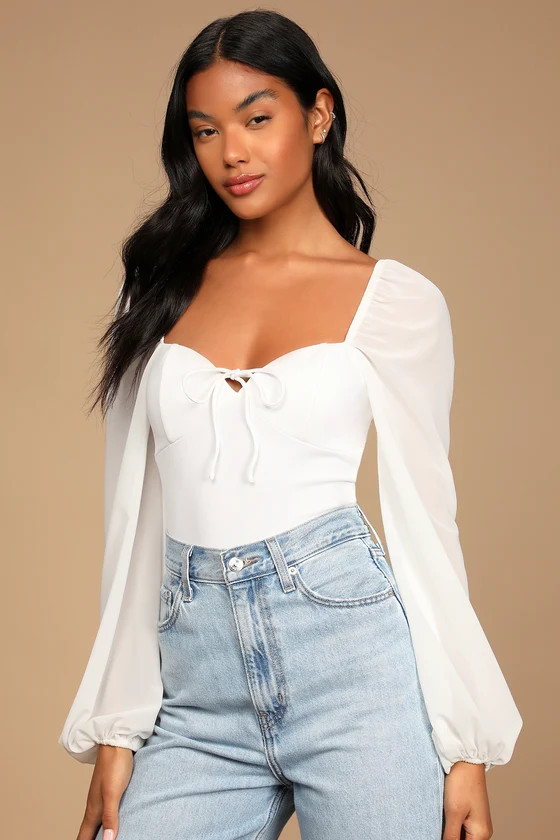 Never Tied Down White Lace-Up Long Sleeve Bodysuit | Lulus (US)