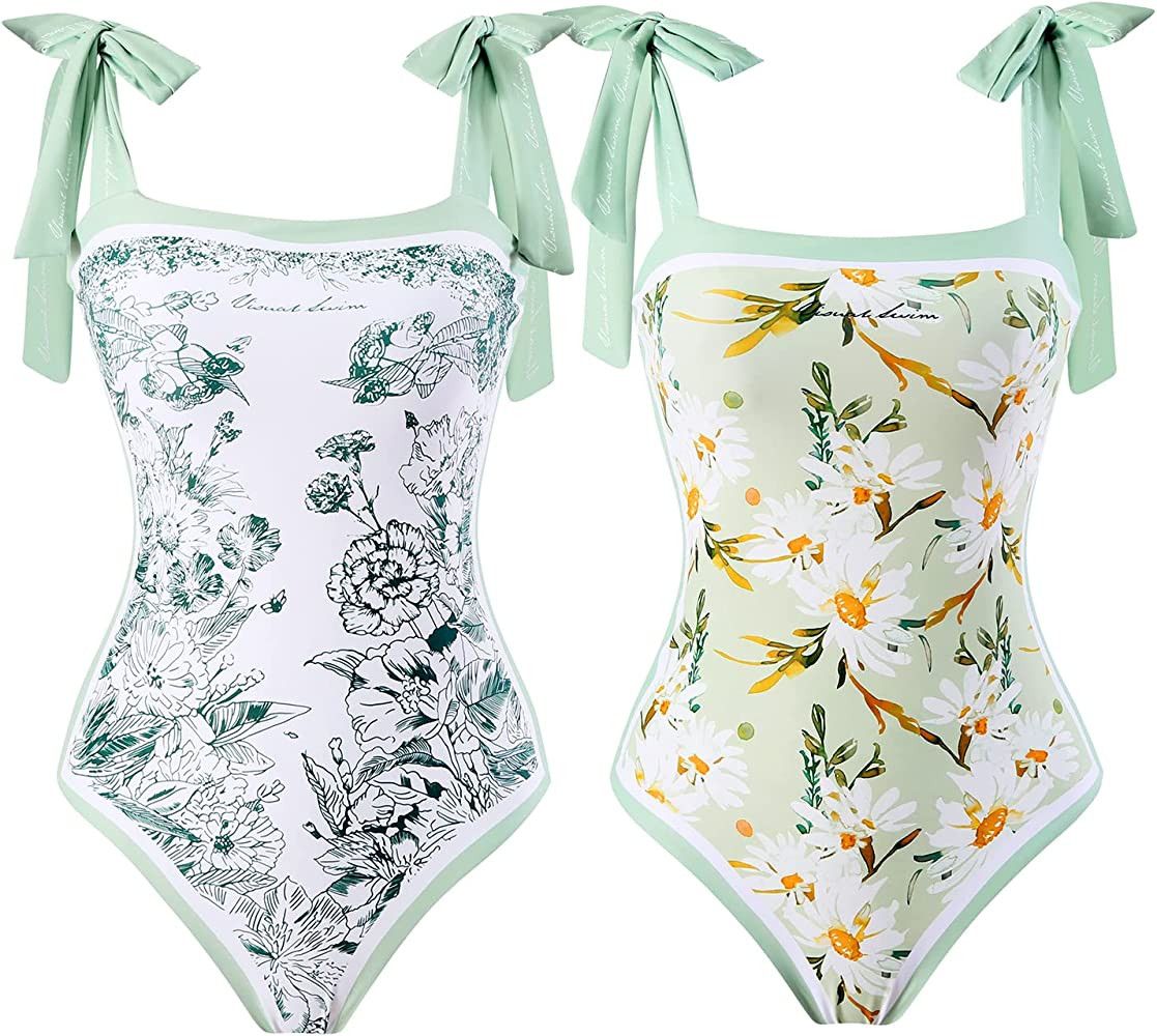 Women Floral One Piece Swimsuits, Reversible Tie Shoulder Monokini, Tummy Control Bathing Suits, ... | Amazon (US)