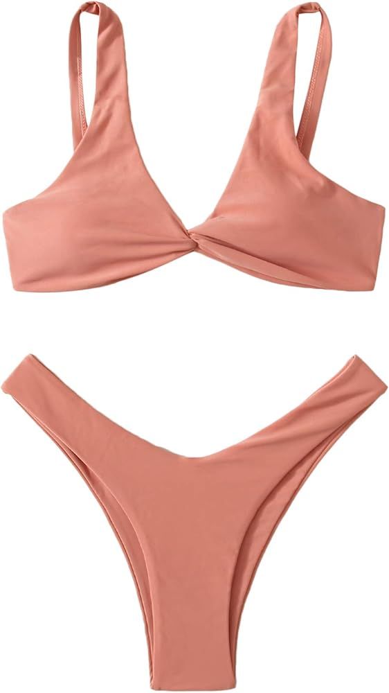 Verdusa Women's Twist Front High Cut Thong Two Piece Bikini Set Swimsuit | Amazon (US)
