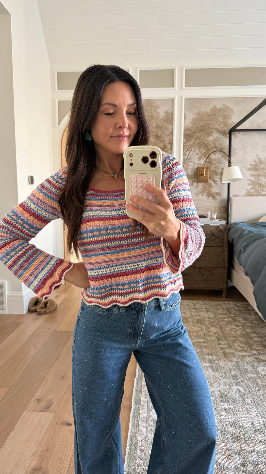 Walmart wide leg jeans with gems! Size down 1 size. 
Limit flare sleeve sweater fits tts. 
Platform sneakers 
Affordable mom outfits 

#LTKmomlife #LTKSaleAlert #LTKFindsUnder50