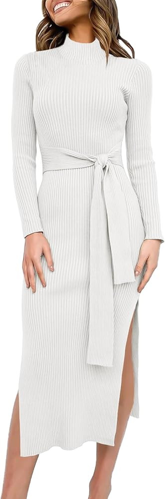 ANRABESS Women's Sweater Dress 2023 Elegant Fall Long Sleeve Mock Neck Tie Waist Slim Fit Slit Se... | Amazon (US)