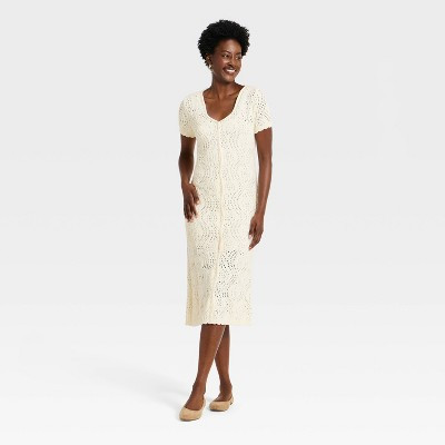 Women's Western Short Sleeve Scalloped Crafted Midi A-Line Dress - Universal Thread™ Cream S | Target