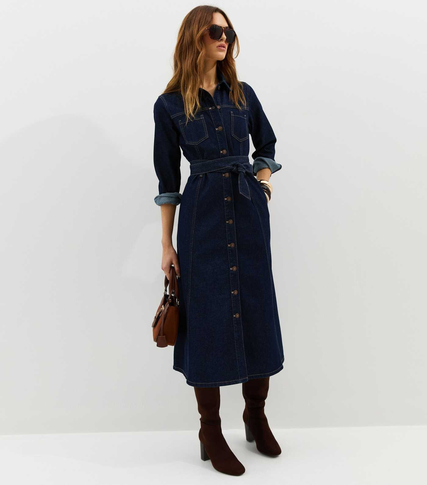 Navy Denim Long Sleeve Shirt Midi Dress | New Look | New Look (UK)