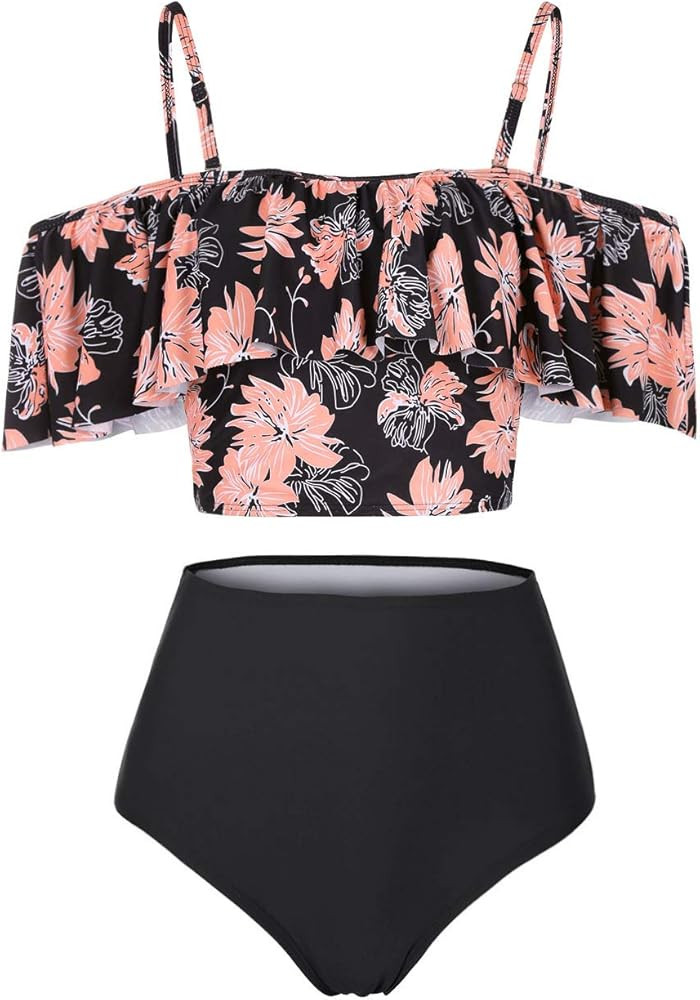Kaei&Shi High Waisted Flounce Bikini Set,Tummy Control Swimsuits for Women,Off Shoulder | Amazon (US)