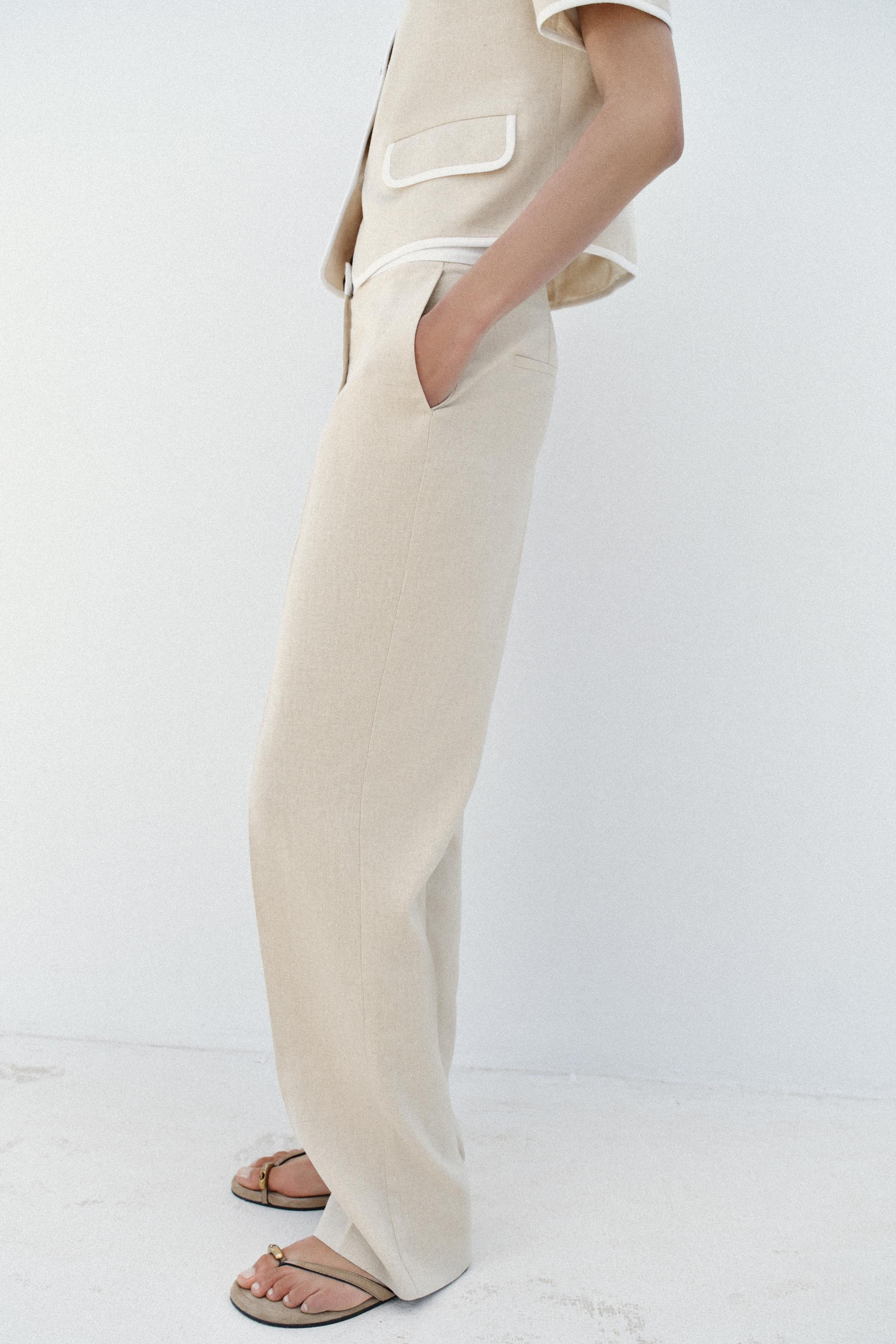 STRAIGHT-LEG LINEN BLEND TROUSERS WITH CONTRAST WAIST | Zara UK