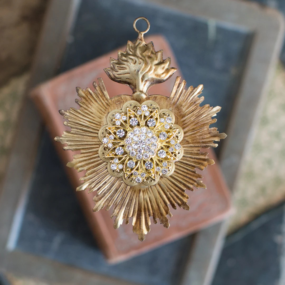 Sacred Heart, Milagro Heart, Gold Heart With White Rhinestones, Catholic Heart, Radiant Heart - E... | Etsy (US)