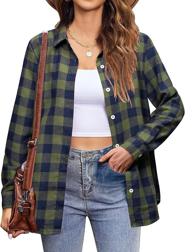 Zeagoo Flannel Shirt Women Button Down Long Sleeve Plaid Shirts Collared 2024 Casual Work Tops S-... | Amazon (US)