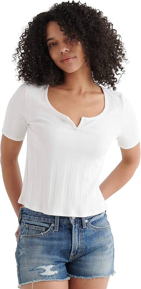 Lucky Brand Women's Short Sleeve Notch Neck Rib Tee | Amazon (US)