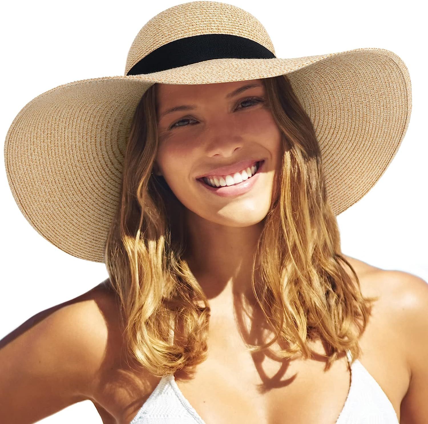 Womens Sun Straw Hat Wide Brim UPF 50 Summer Hat Foldable Roll up Floppy Beach Hats for Women | Amazon (US)