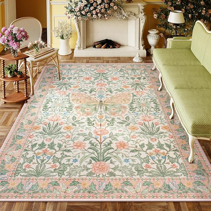 Collive 8x10 Area Rugs for Living Room, Floral Butterfly Washable Bedroom Rug Girls Soft Non-Shed... | Amazon (US)