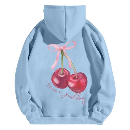 Tuislay Womens Cute Cherry Graphic Hoodie Ribbon Bow Printed Sweatshirt Drop Shoulder Aesthetic Pullover Hoodies With Pocket(Blue,M) | Amazon (US)