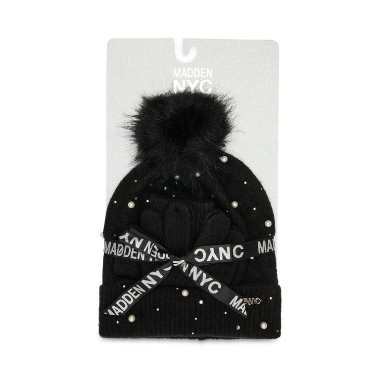 Madden Nyc Women's Faux Pearl Beanie And Gloves, 2-Piece Gift Set Black | Walmart (US)