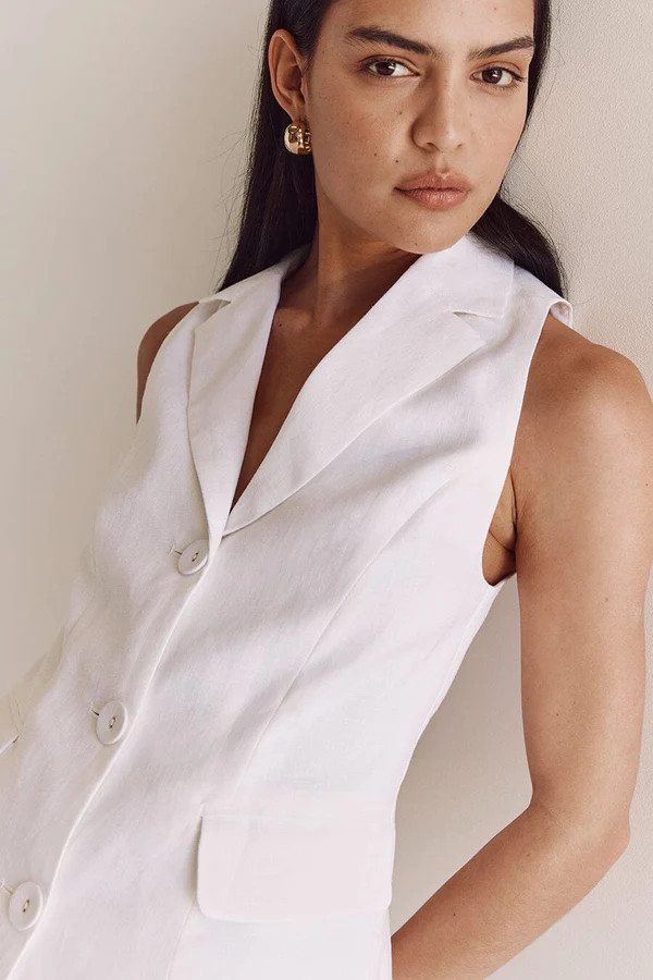 KRISTIN WHITE LINEN LONGLINE VEST | DISSH