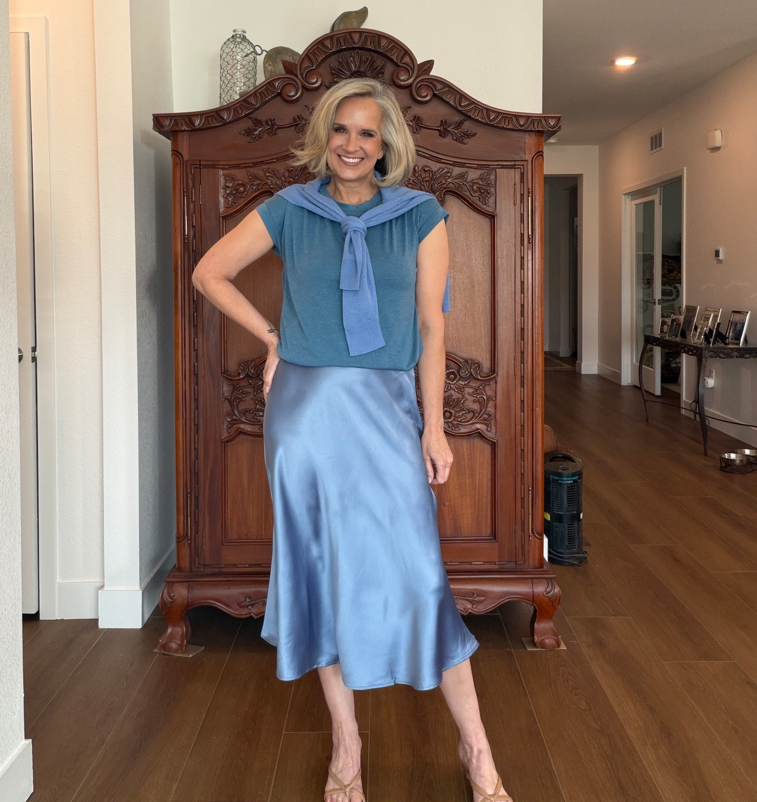 Column dressing makes you look taller and leaner. 
The slip skirt is a closet staple you can wear year round.
Amazon, cardigan, kitten heel, nude heels, over 50, affordable style, style hacks

#LTKOver40 #LTKootd #LTKgrwm