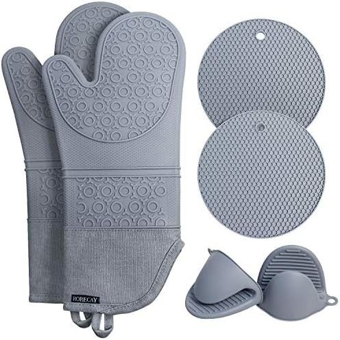 Rorecay Extra Long Oven Mitts and Pot Holders Sets: Heat Resistant Silicone Oven Mittens with Min... | Amazon (US)
