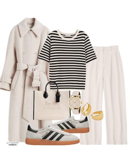 Neutral outfit, belted coat, stripe knit top, tailored trousers, adidas Spezial trainers, gold hoop earrings, coach tote bag & Gucci watch.

#LTKstyletip #LTKeurope #LTKshoecrush