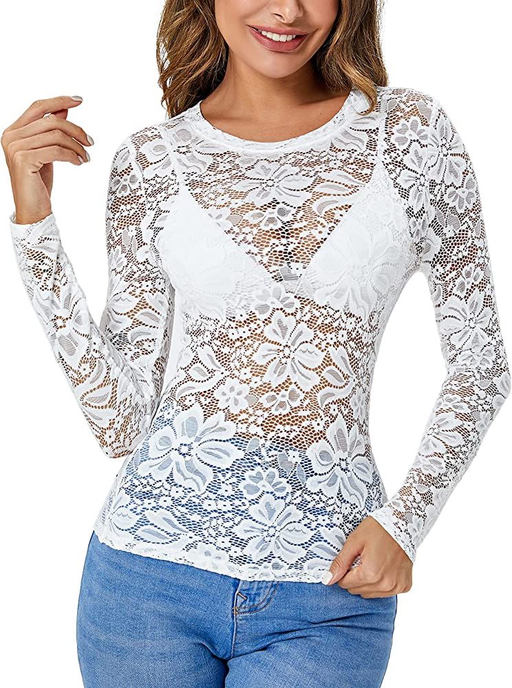 WDIRARA Women's Floral Embroidery Mesh Lace Round Neck Long Sleeve Top | Amazon (US)