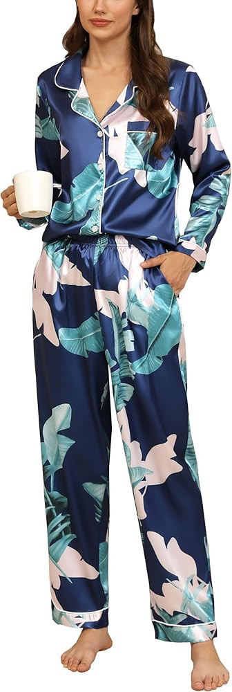 Samring Women's Silk Satin Pajamas Set Long Sleeve Button Down Sleepwear 2 Piece Pjs Lounge Set S... | Amazon (US)