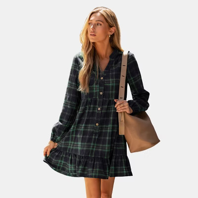 Women's Elegant Plaid Tiered Shirt Mini Dress - Cupshe-L-Green | Target