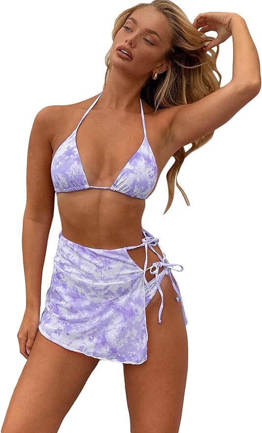 MakeMeChic Women's 3packs Tie Dye Triangle Bikini Swimsuit and Beach Skirt | Amazon (US)
