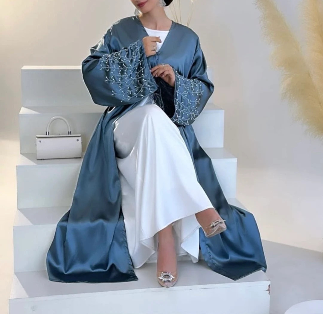 Elegant 2 Piece Pearl Sleeve Satin Abaya Satin Open Abaya - Etsy UK | Etsy (UK)