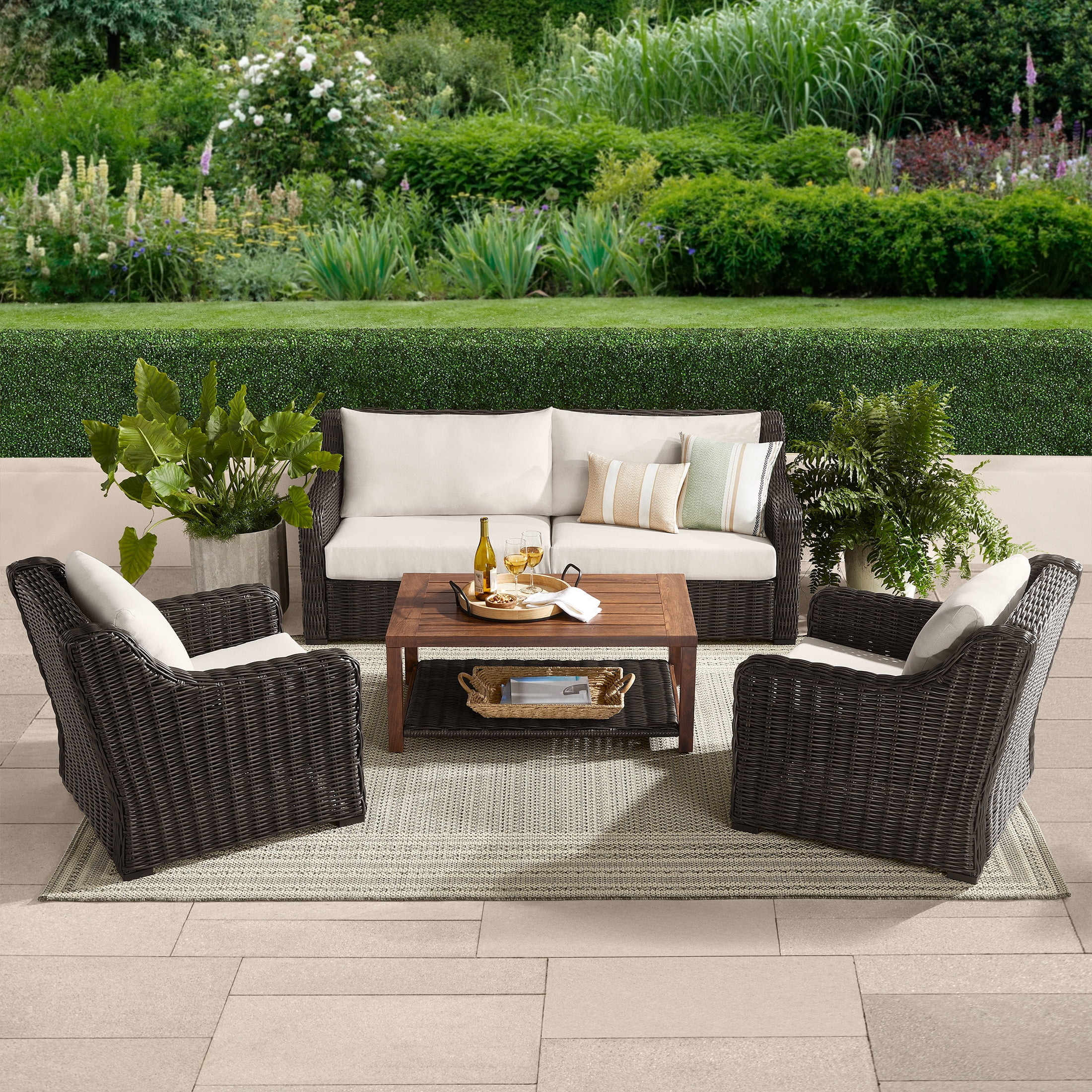 Better Homes & Gardens Bellamy 4 Piece Outdoor Patio Conversation Set, Dark Brown | Walmart (US)