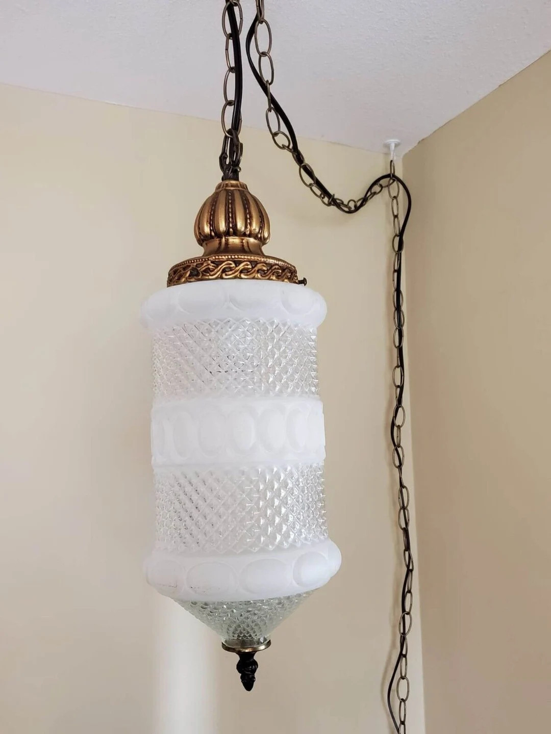 Vtg frosted glass swag lamp mid century light hollywood glam pendant hanging | Etsy (US)