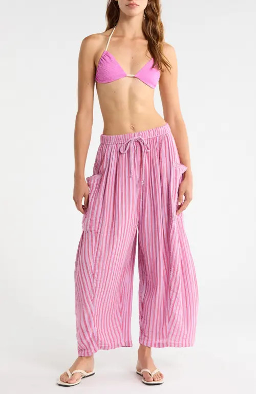 Free People Quin Stripe Cotton Drawstring Pants in Strawberry Combo at Nordstrom, Size Large | Nordstrom