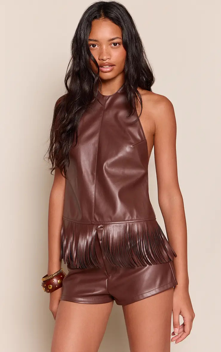 Chocolate PrettyLittleThing Faux Leather Fringe Detail Top Co-Ord | Boohoo USA | boohoo (US & Canada)