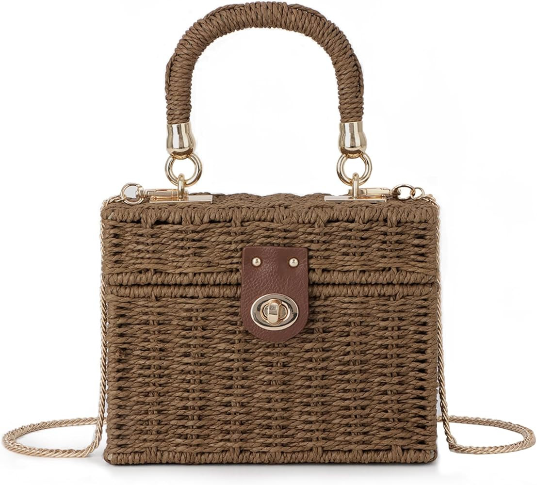Fecialy Women Handwoven Rattan Handbag Beach Straw Tote Bag Square Boho Crossbody Bag | Amazon (US)