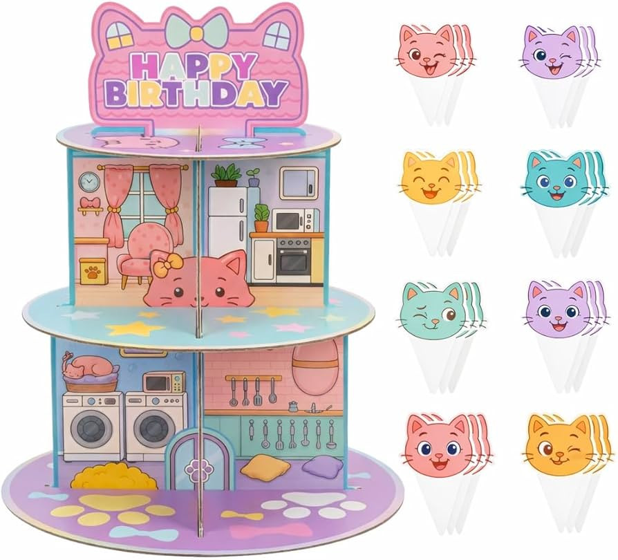 25 Pcs 3-Tier Cartoon Cat Dollhouse Cupcake Stand with Toppers, Stable Tower for Cat Themed Birth... | Amazon (US)