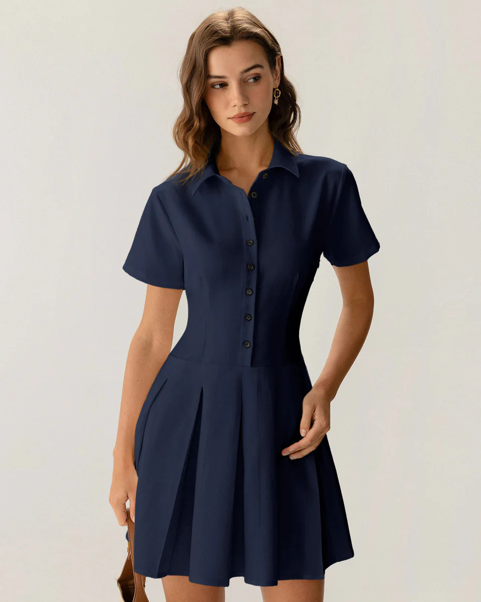 Navy Button Pleated Mini Dress | rihoas.com