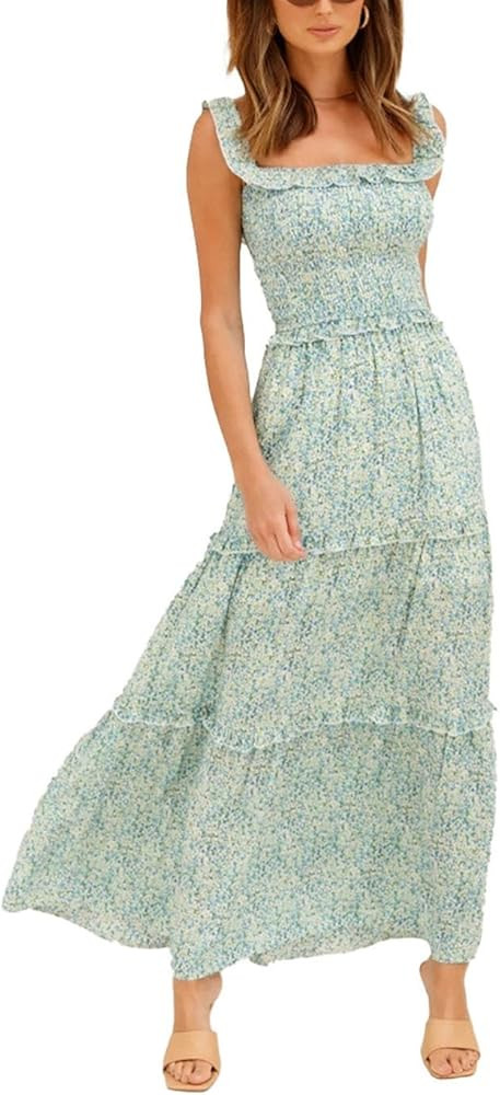 Women's Summer Off The Shoulder Floral Maxi Dress 2024 Sleeveless Strapless Ruffle Hem Flowy Boho... | Amazon (US)