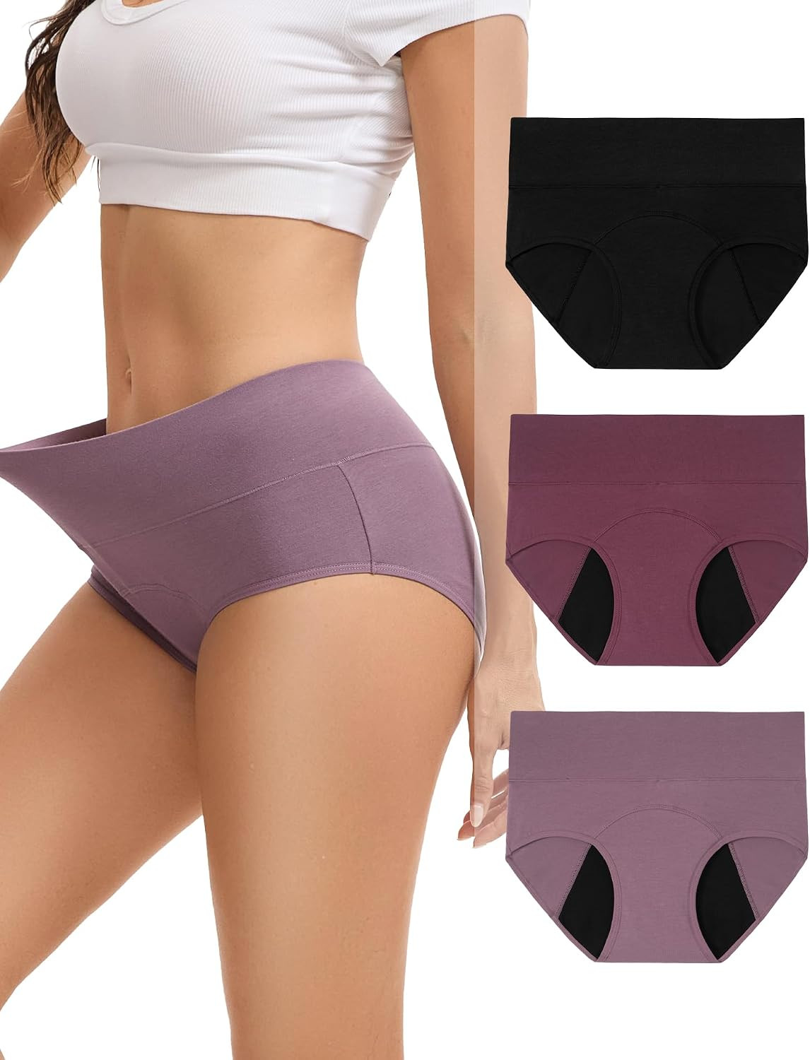 INNERSY Period Underwear for Women Leakproof High Waisted Menstrual Cotton Panties 3 Pack | Amazon (US)