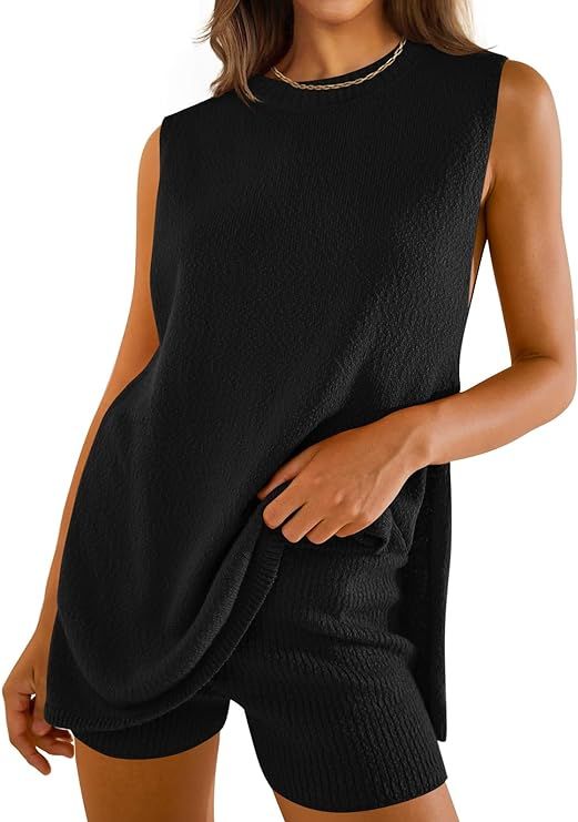 ZESICA Women's Summer Two Piece Sweater Lounge Sets 2024 Casual Knit Trendy Tunic and Shorts Outf... | Amazon (US)