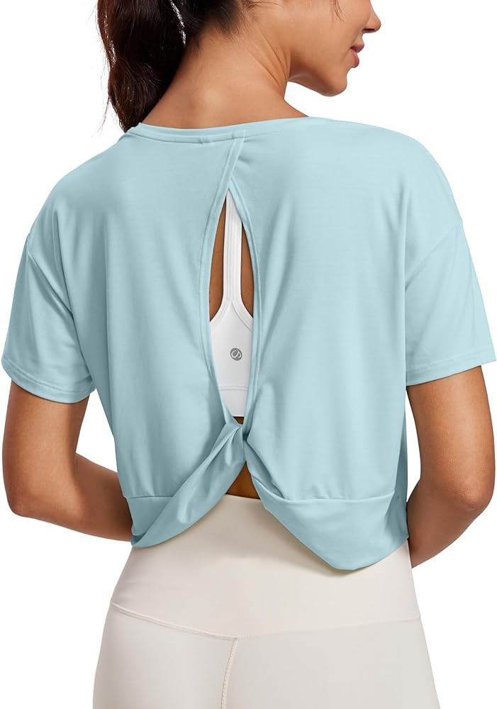CRZ YOGA Open Back Short Sleeve Crop Top for Women Loose Athletic Yoga Workout Tops Casual Croppe... | Amazon (US)