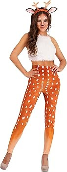 Women's Sexy Doe Costume, Dazzling Deer Leggings with Fuzzy Crop Top & Antlers Headband | Amazon (US)