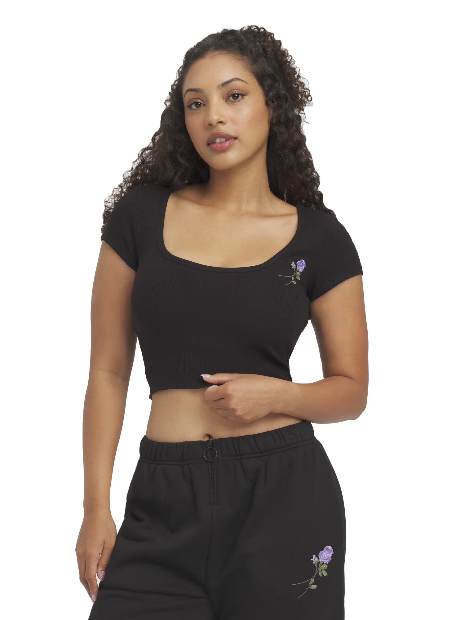 Mills by Millie Bobby Brown Women's Embroidery Ribbed Short Sleeve Crop T-Shirt, Sizes XXS-XXL | Walmart (US)