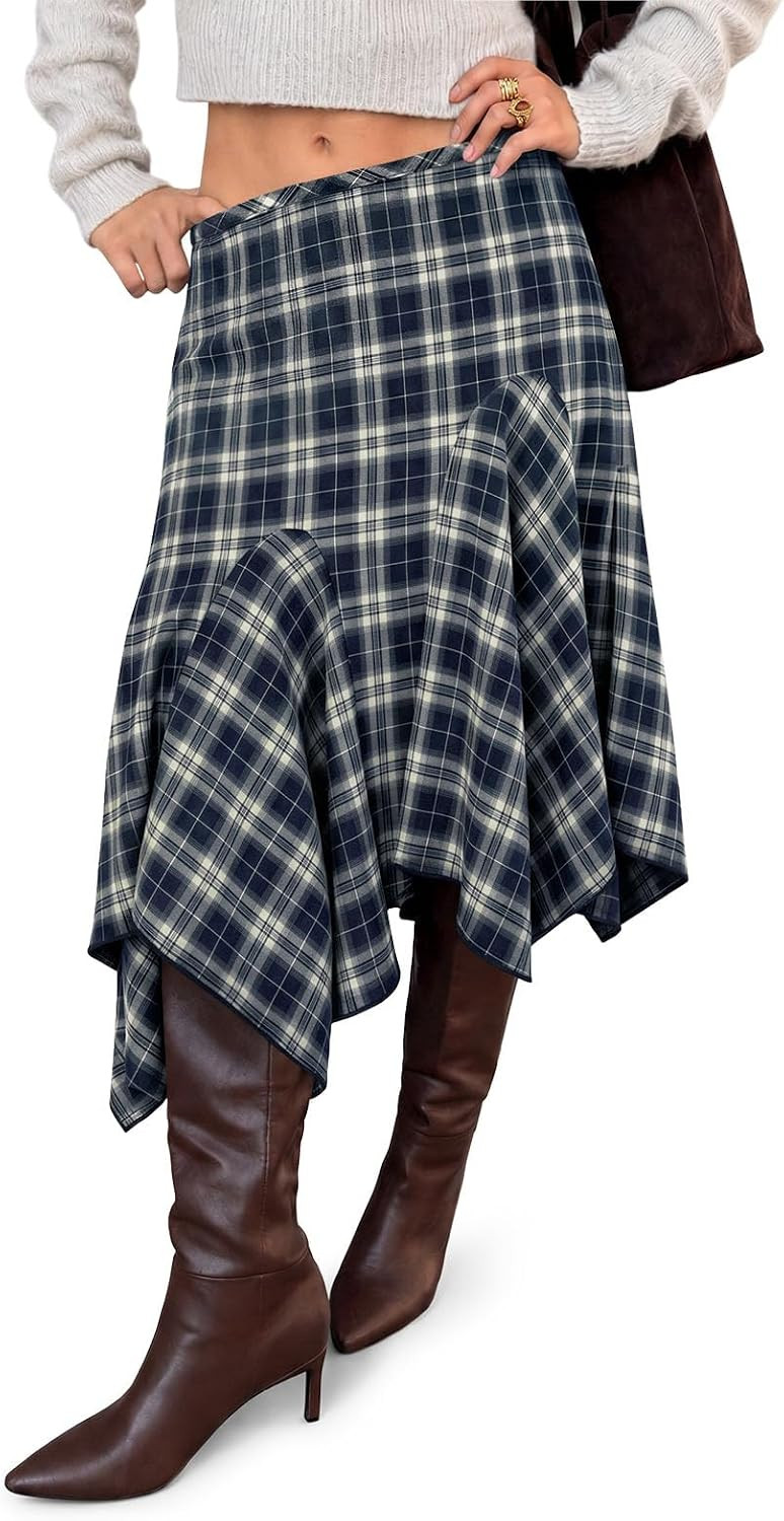 Women's Plaid Midi Skirts Y2k Low Waist Asymmetrical Flowy Skirt | Amazon (US)