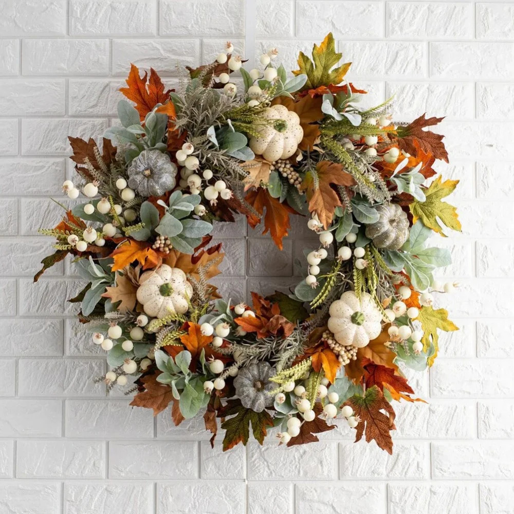 Clearance!!Autumn Fall Wreath Thanksgiving Harvest Wreath with Pumpkins Maple Leaves for Front Do... | Walmart (US)