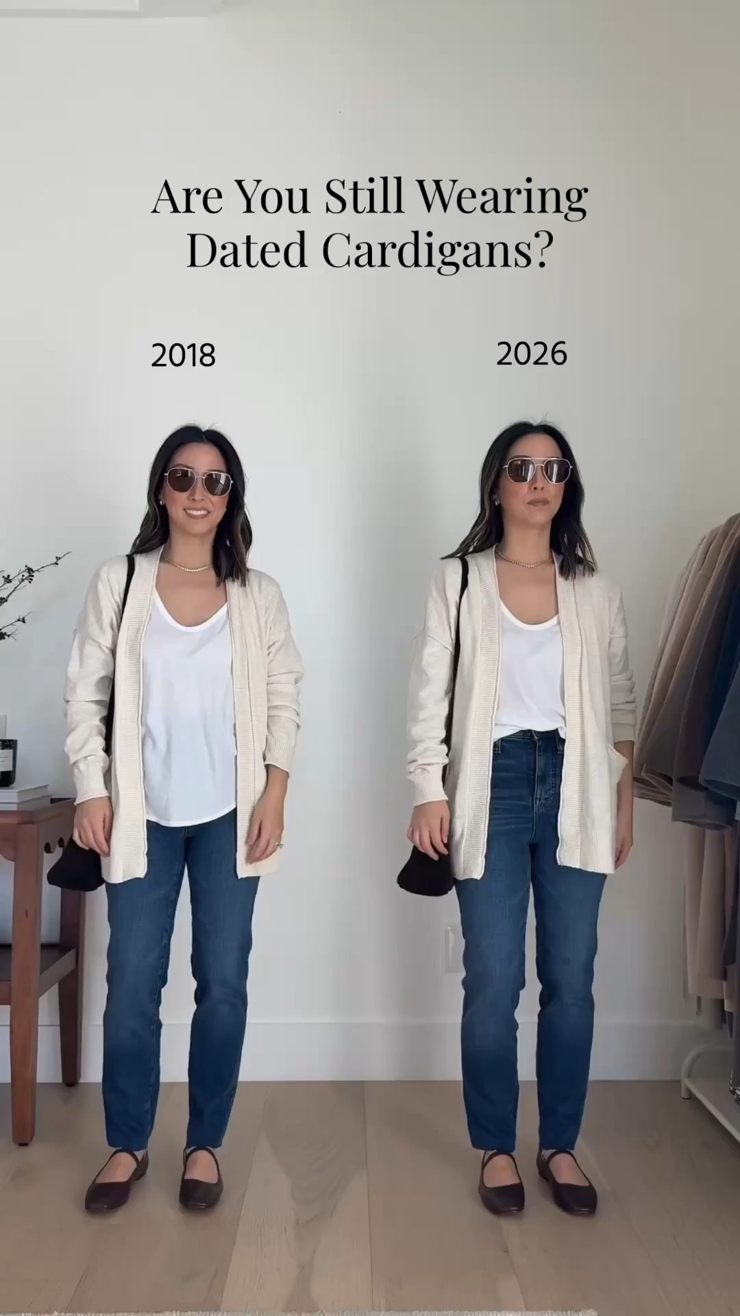 Are you wearing dated cardigans? Cardigans that hit past your bum are no longer in style; they date your outfits. The updated version sits above the hip - short or cropped. 

Aritzia cashmer cardigan small - could easily wear the xs
Everlane tank xs
AGOLDE 90's Mid Rise jeans 24 - size down. Fit like a high rise
Loeffler Randall flats 5.5
Mansur Gavriel Tote
Celine sunglasses
Quince earrings
Dorsey James Necklace 15"

Spring style, petite style, cardigans 


#LTKSeasonal #LTKOver40 #LTKPetite