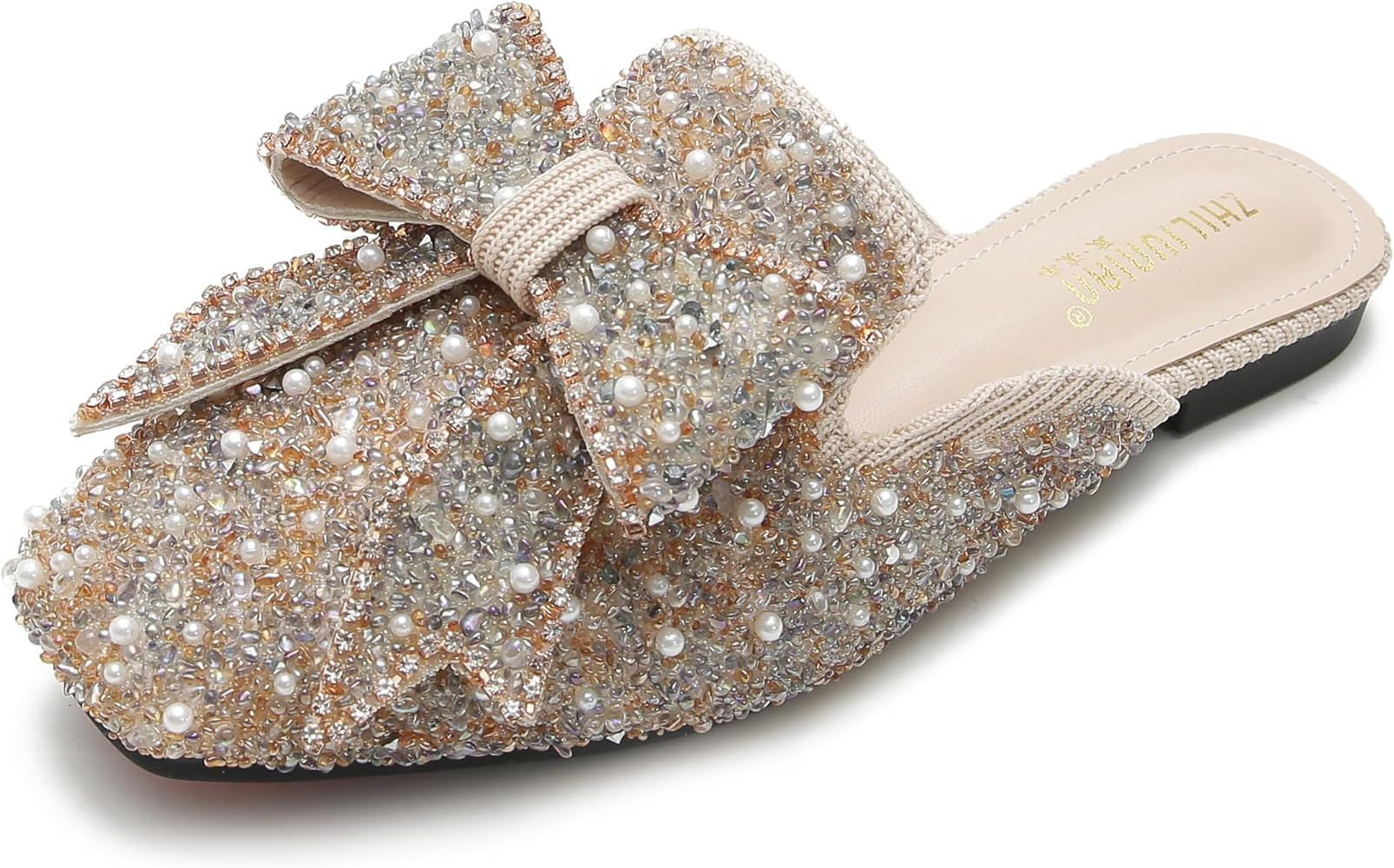 SANIOOOI Women's Pearl Rhinestone Bow Mules,Glitter Square Toe Slip on Flat Ladies Sparkly Baotou... | Amazon (US)
